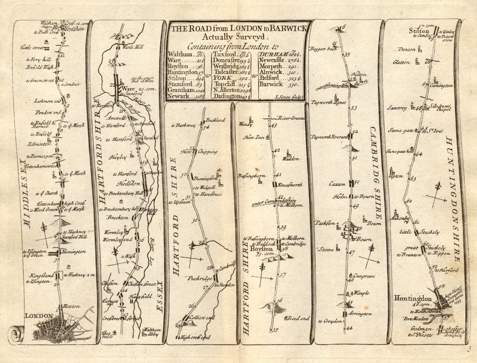 London Tottenham Enfield Waltham Hoddesdon Huntingdon SENEX #5 road map 1719